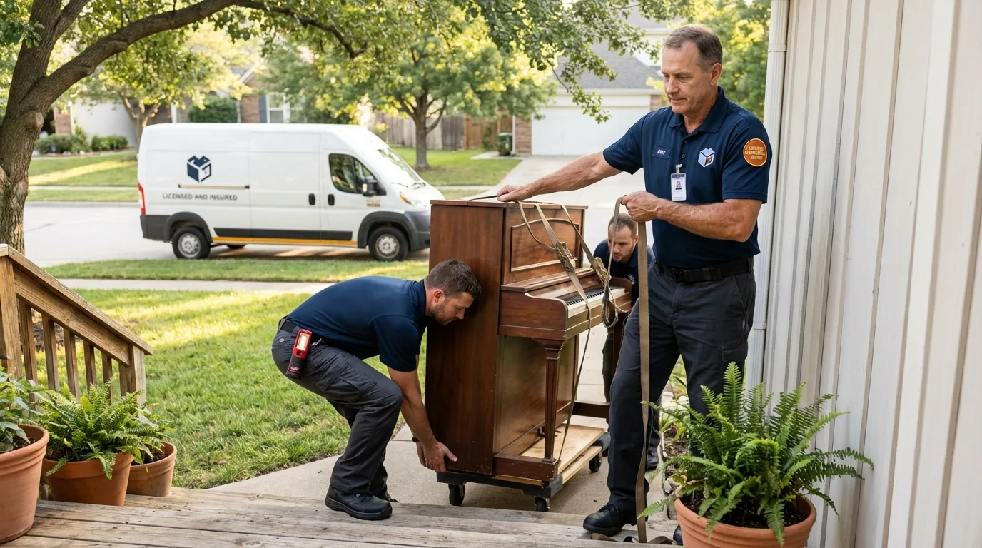 Licensed piano movers securing grand piano in Hiawatha, IA