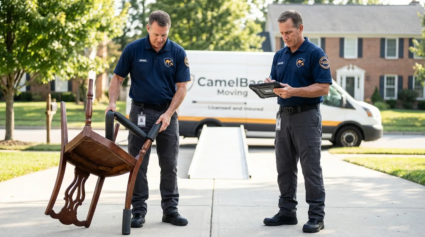 Movers inspecting furniture for damage prevention before loading in Hiawatha, IA