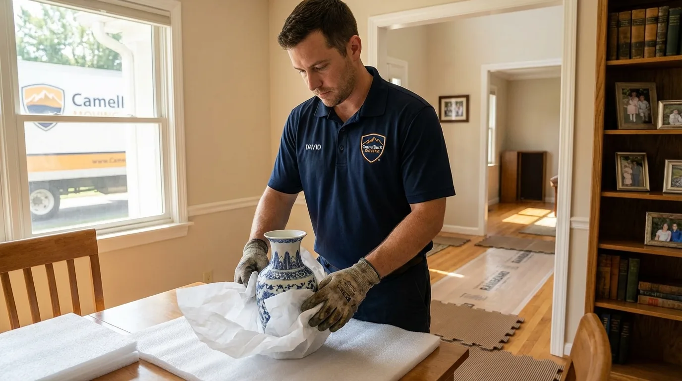 Professional crew carefully wrapping antique vase for senior downsizing move in Hiawatha, IA